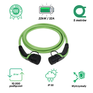 Kabel ładowania Typu 2 - Typu 2 (32A,|22kW|5m|Zielony)