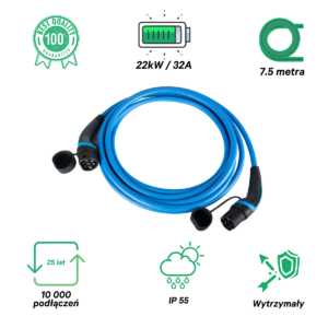 Kabel ładowania Typu 2 - Typu 2 (32A|22kW|7.5m|Niebieski)